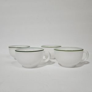 Hazel Atlas Platonite Set Of 4 Vtg 60s White Green Stripe Accent Coffee Tea Cup